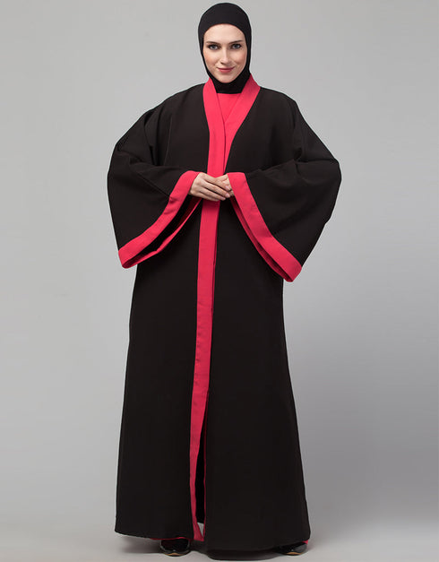 Women Black Matt Nida With Red Boder Abaya Side View